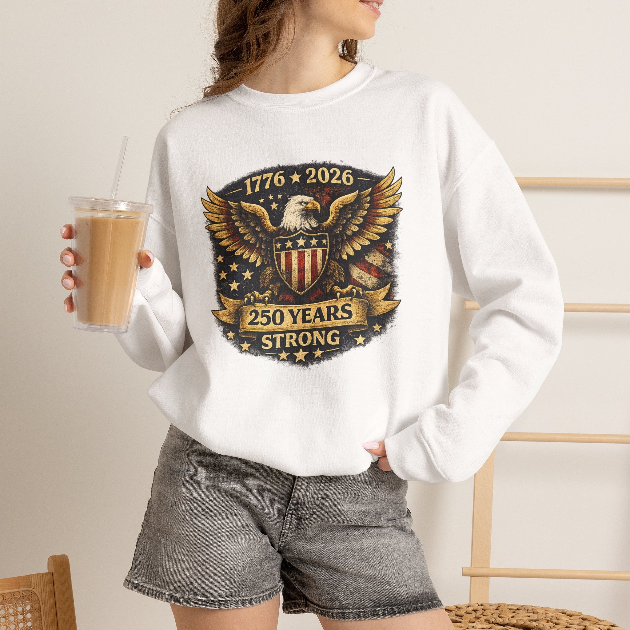 1776–2026 250 Years Strong Eagle Shield Patriotic Crewneck Sweatshirt