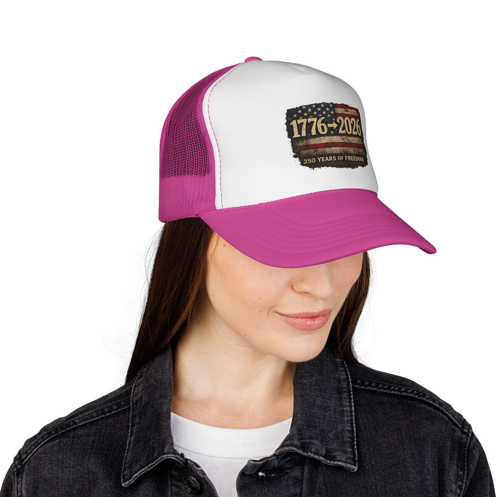 1776-2026 Trucker Cap — 250 Years of Freedom USA Flag Patch Hat