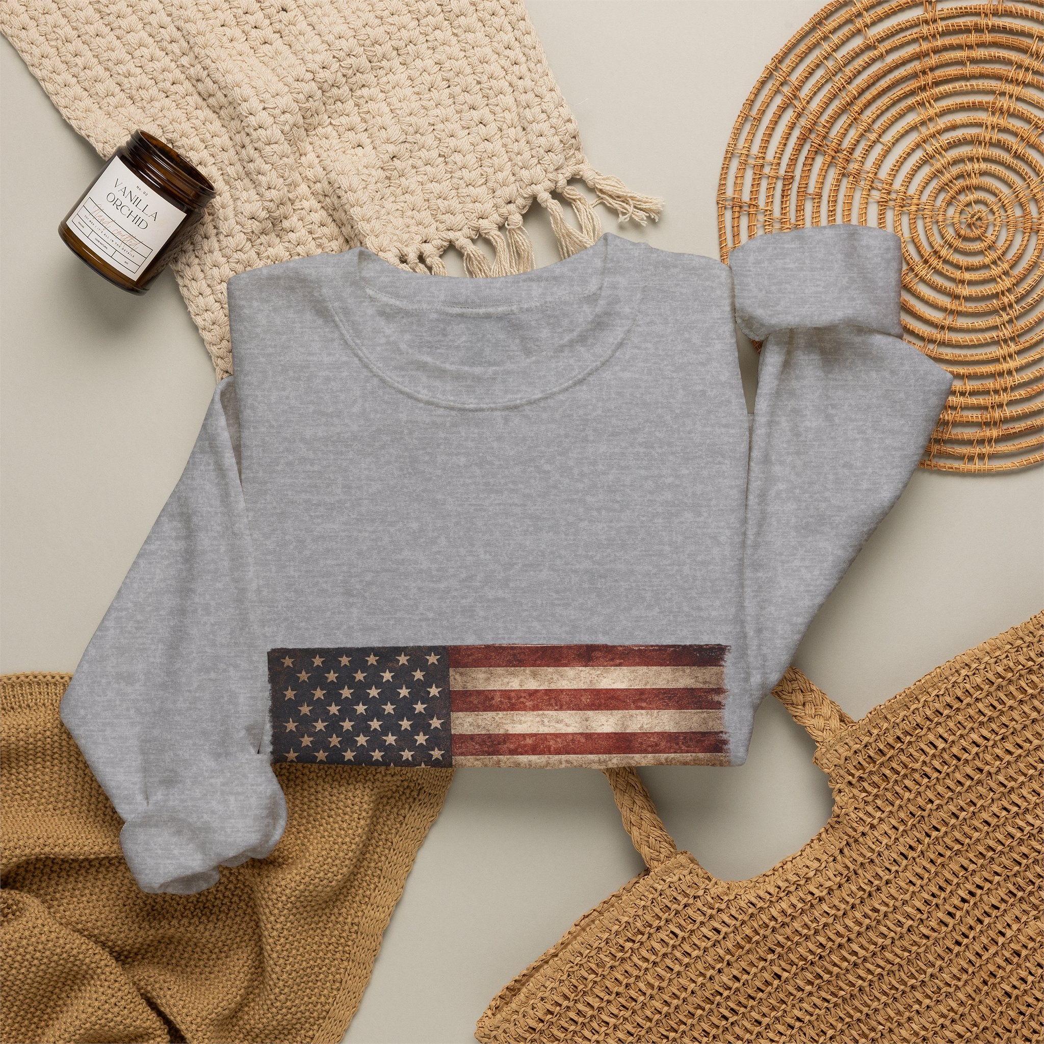 Vintage American Flag Sweatshirt — Distressed USA Crewneck for Patriotic Holidays