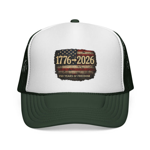 1776-2026 Trucker Cap — 250 Years of Freedom USA Flag Patch Hat