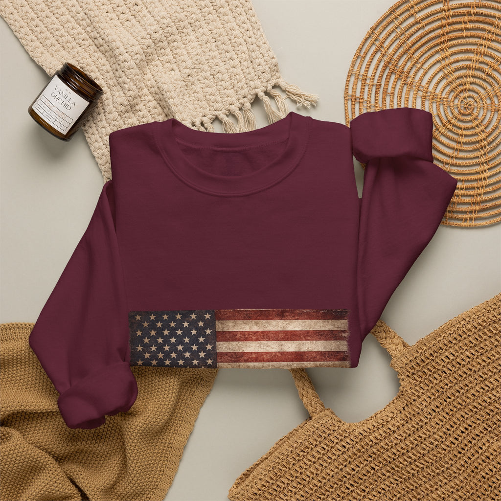 Vintage American Flag Sweatshirt — Distressed USA Crewneck for Patriotic Holidays