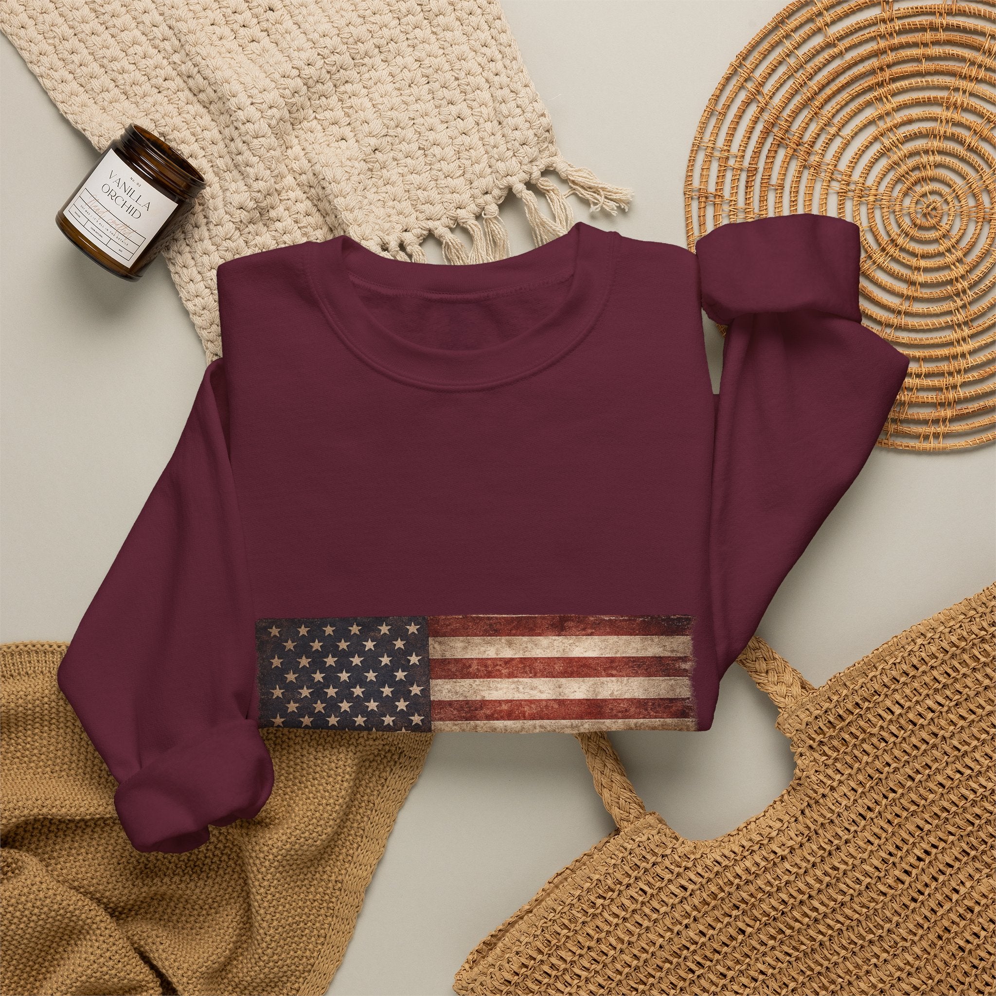 Vintage American Flag Sweatshirt — Distressed USA Crewneck for Patriotic Holidays