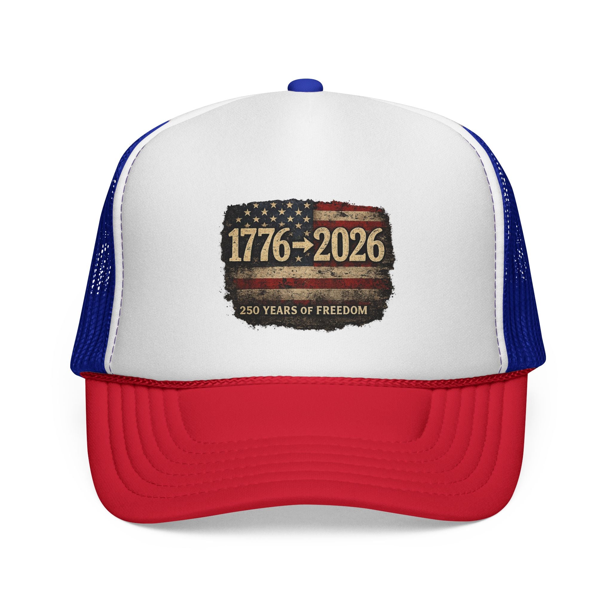 1776-2026 Trucker Cap — 250 Years of Freedom USA Flag Patch Hat