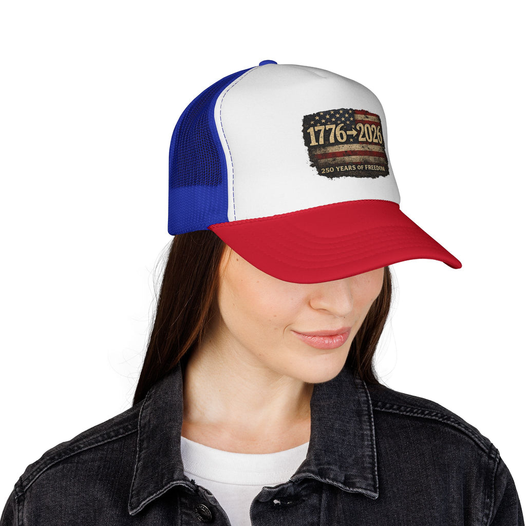 1776-2026 Trucker Cap — 250 Years of Freedom USA Flag Patch Hat
