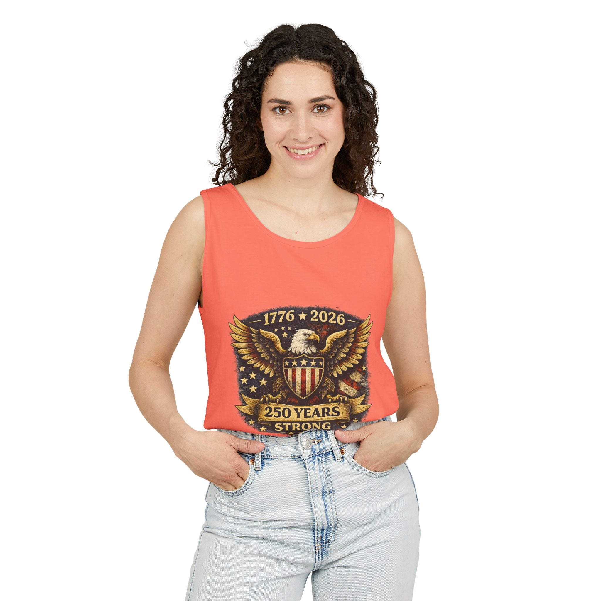 250 Years Strong Eagle Tank Top — 1776–2026 Patriotic American Flag Shield Design