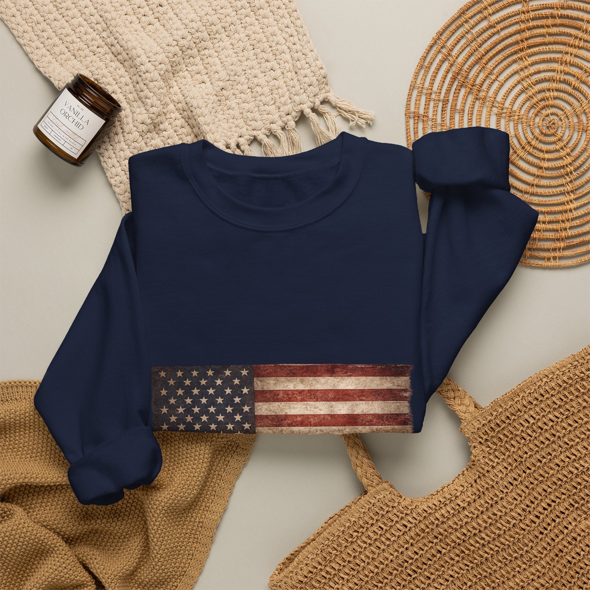 Vintage American Flag Sweatshirt — Distressed USA Crewneck for Patriotic Holidays