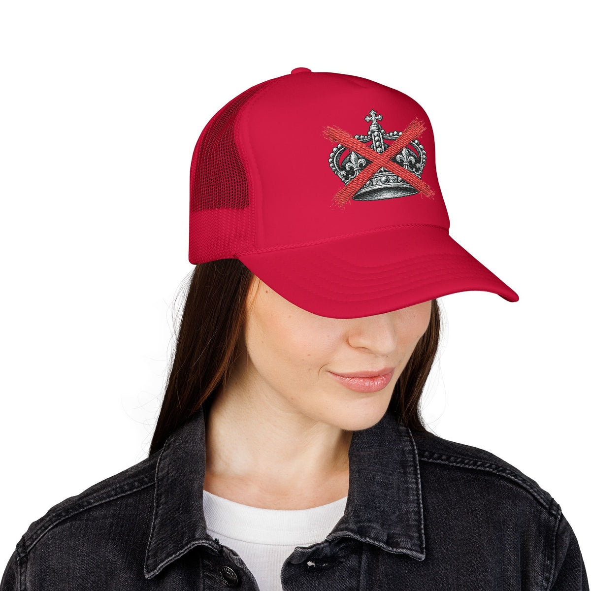 Anti-Crown Trucker Hat — Red X Crown Graphic Foam Mesh Cap