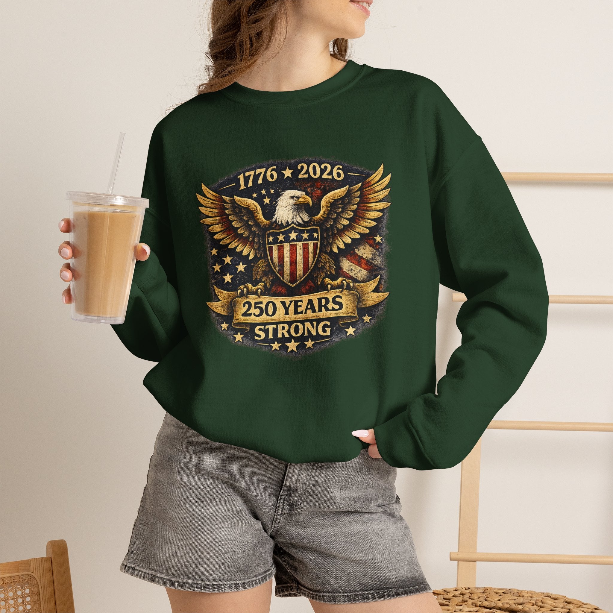 1776–2026 250 Years Strong Eagle Shield Patriotic Crewneck Sweatshirt