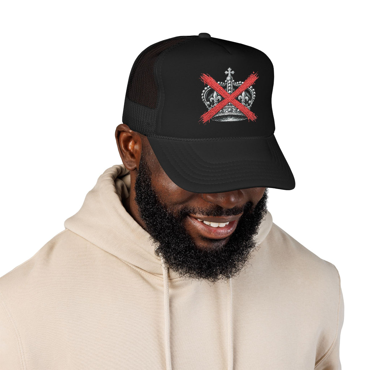 Anti-Crown Trucker Hat — Red X Crown Graphic Foam Mesh Cap