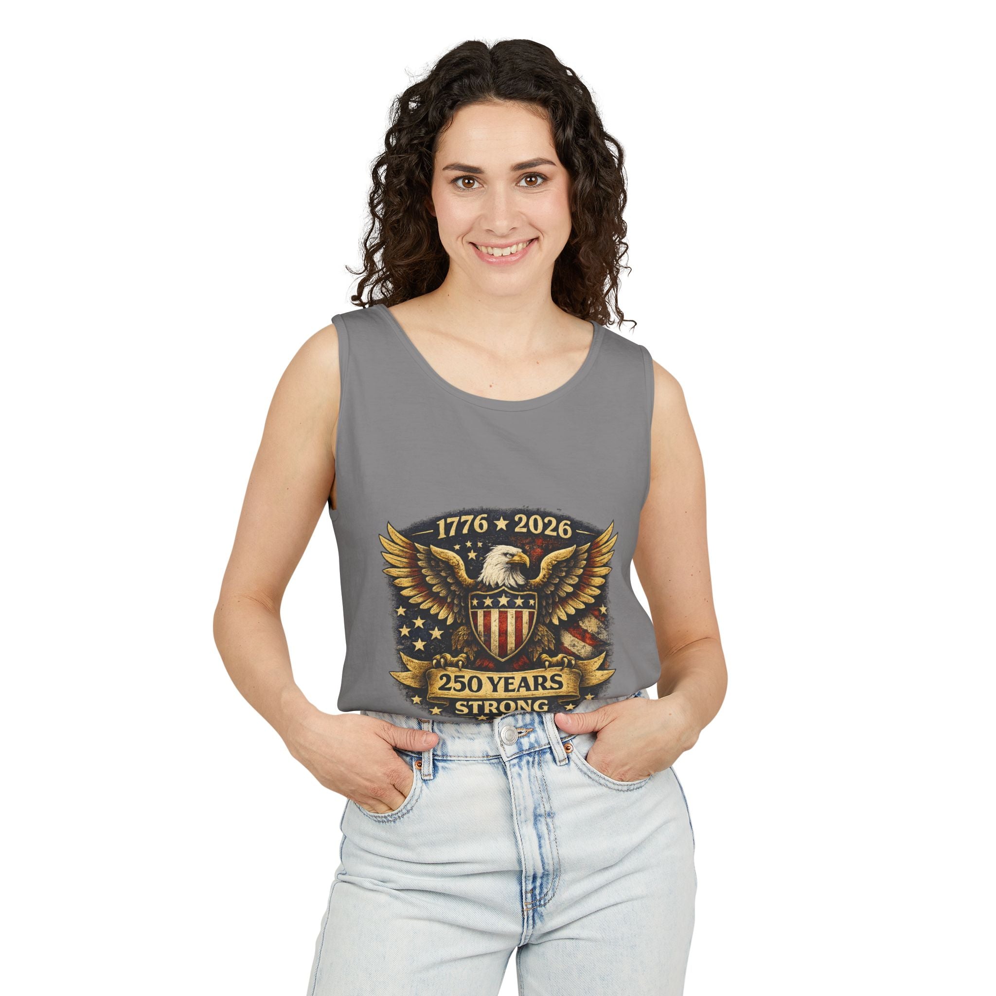 250 Years Strong Eagle Tank Top — 1776–2026 Patriotic American Flag Shield Design