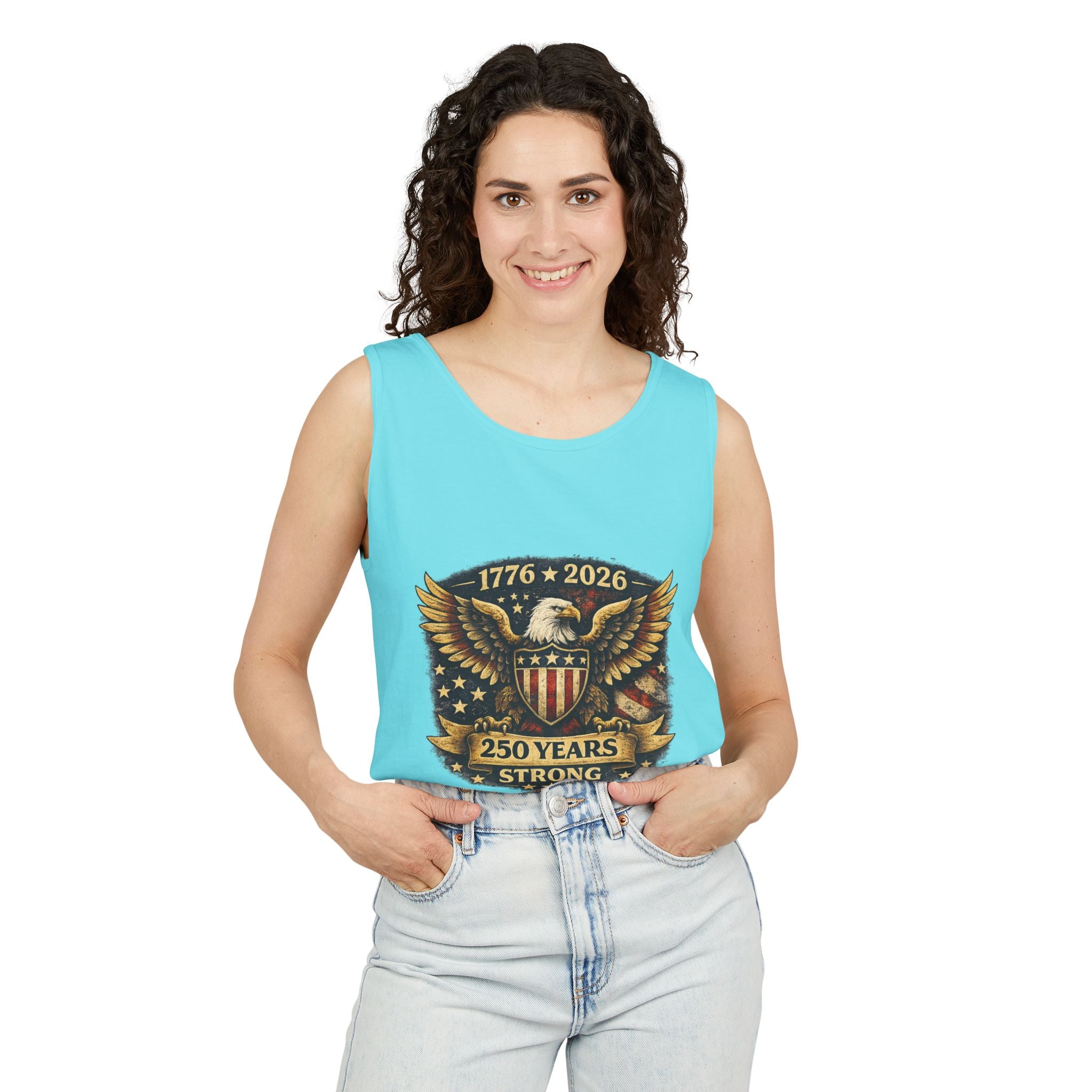 250 Years Strong Eagle Tank Top — 1776–2026 Patriotic American Flag Shield Design