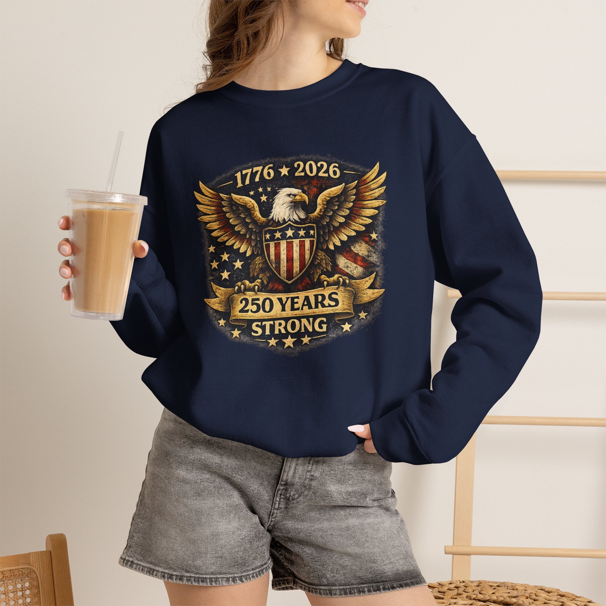 1776–2026 250 Years Strong Eagle Shield Patriotic Crewneck Sweatshirt