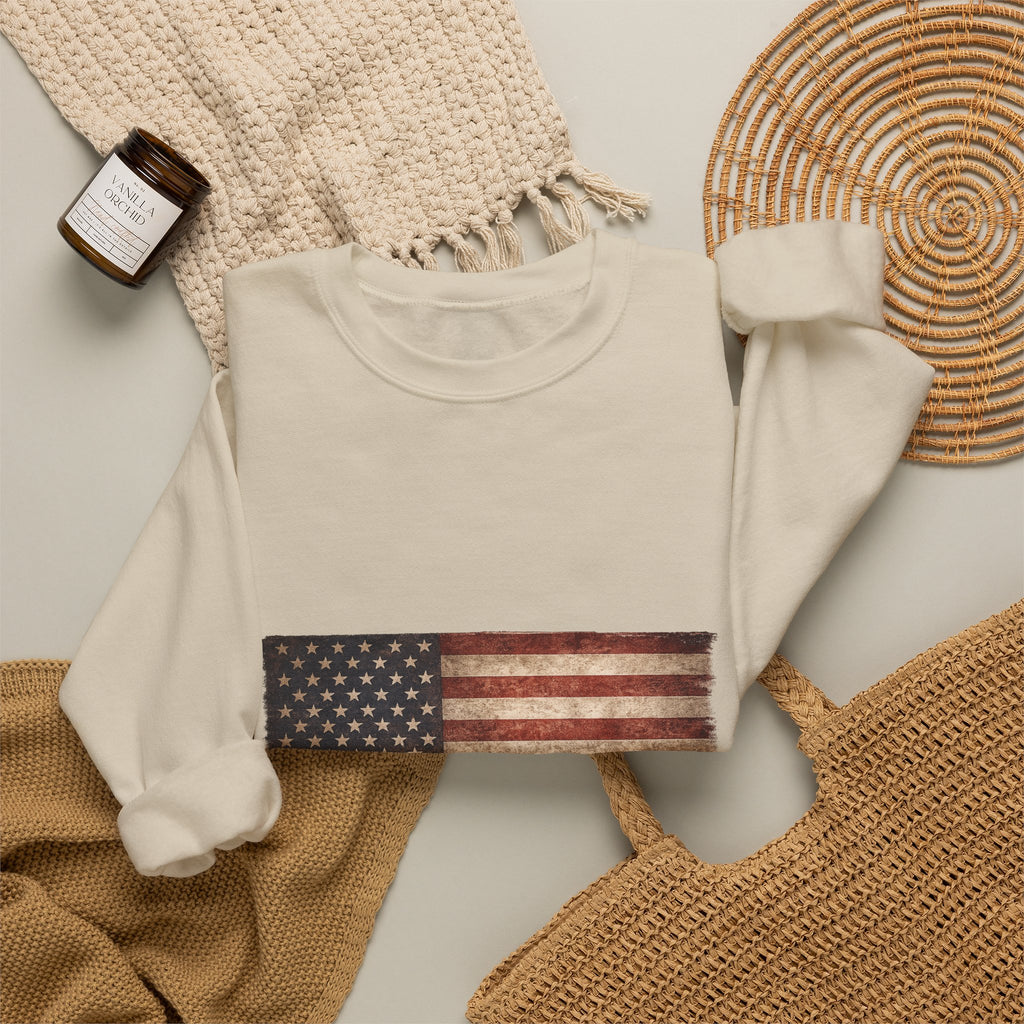 Vintage American Flag Sweatshirt — Distressed USA Crewneck for Patriotic Holidays