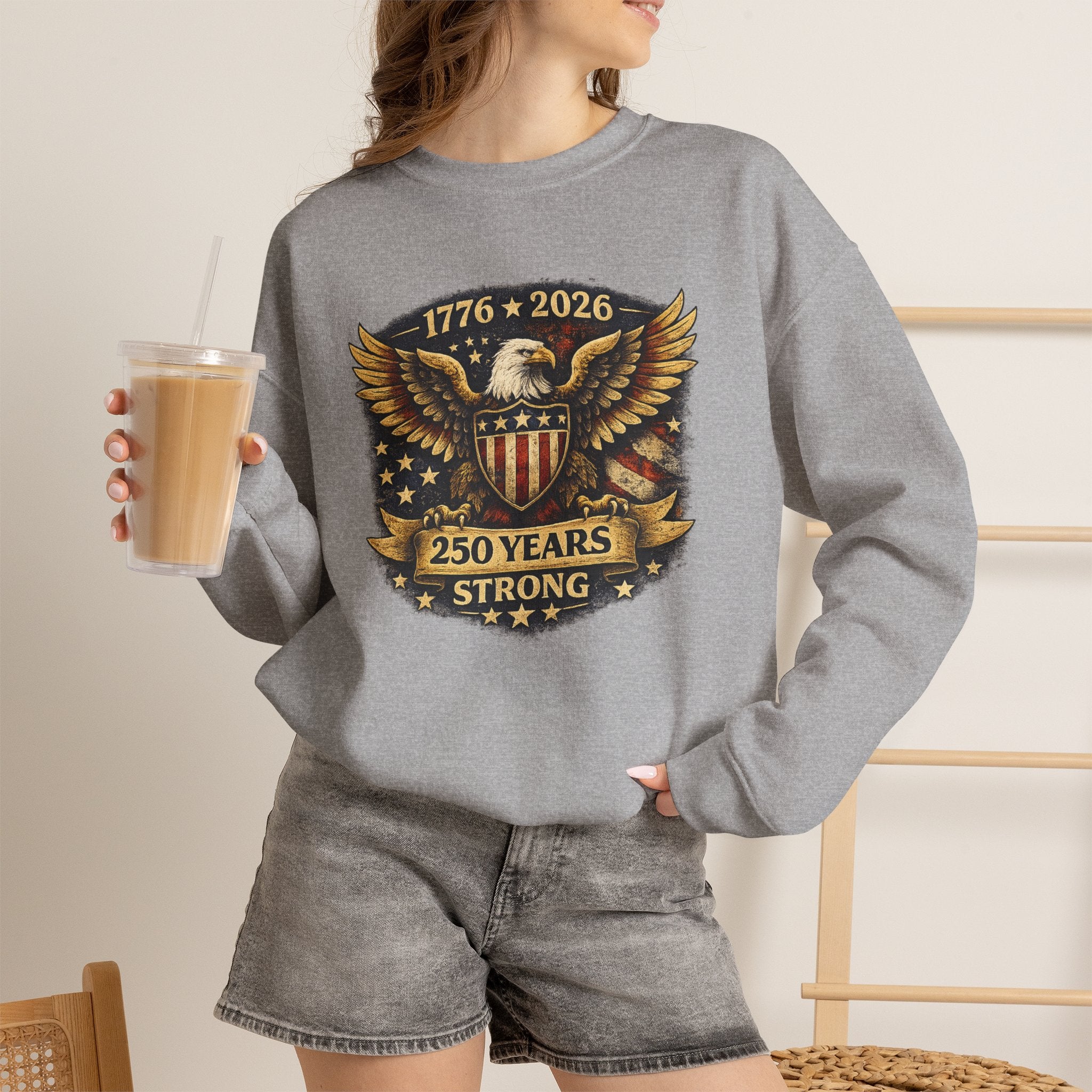 1776–2026 250 Years Strong Eagle Shield Patriotic Crewneck Sweatshirt
