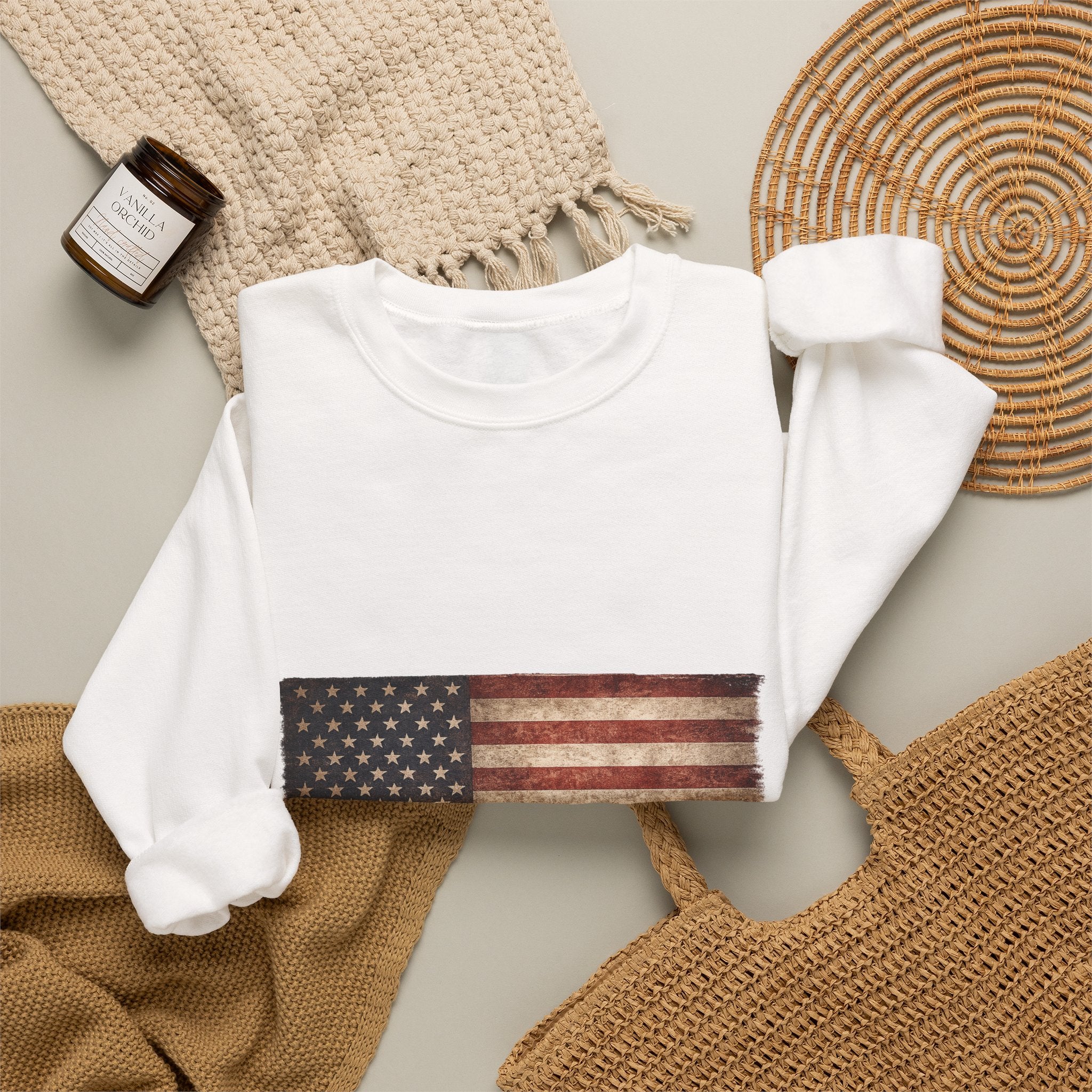Vintage American Flag Sweatshirt — Distressed USA Crewneck for Patriotic Holidays