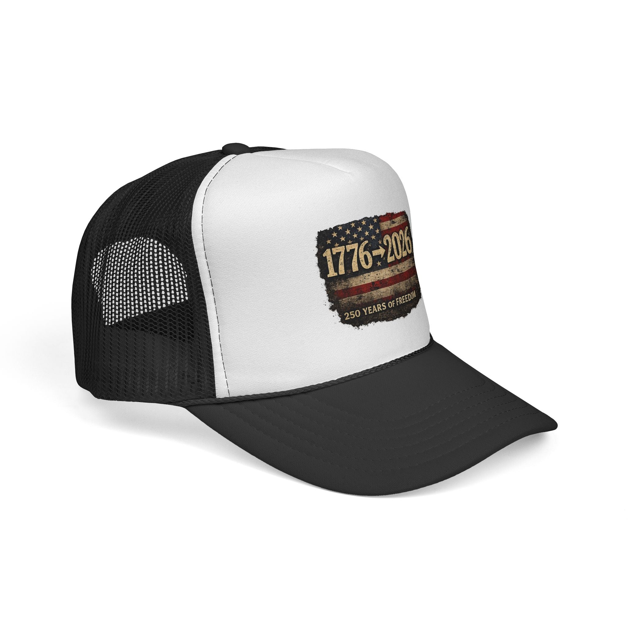 1776-2026 Trucker Cap — 250 Years of Freedom USA Flag Patch Hat