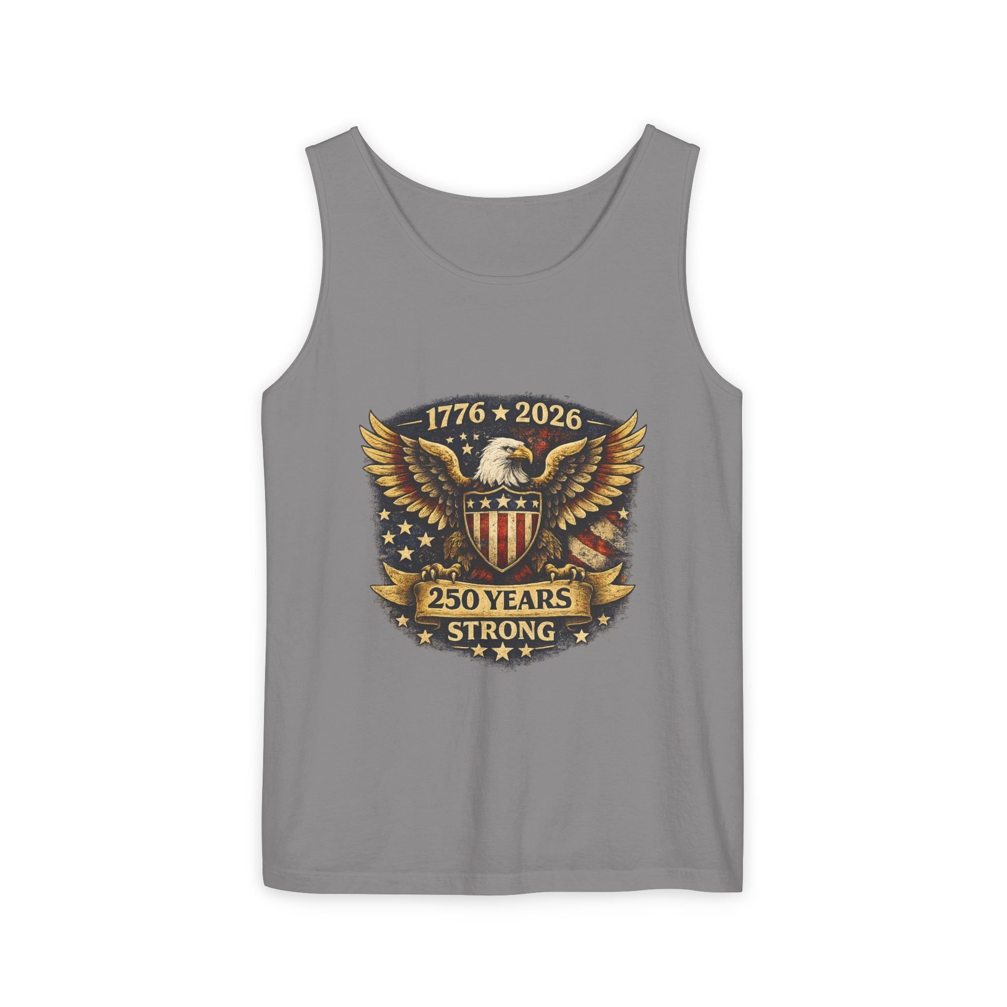 250 Years Strong Eagle Tank Top — 1776–2026 Patriotic American Flag Shield Design