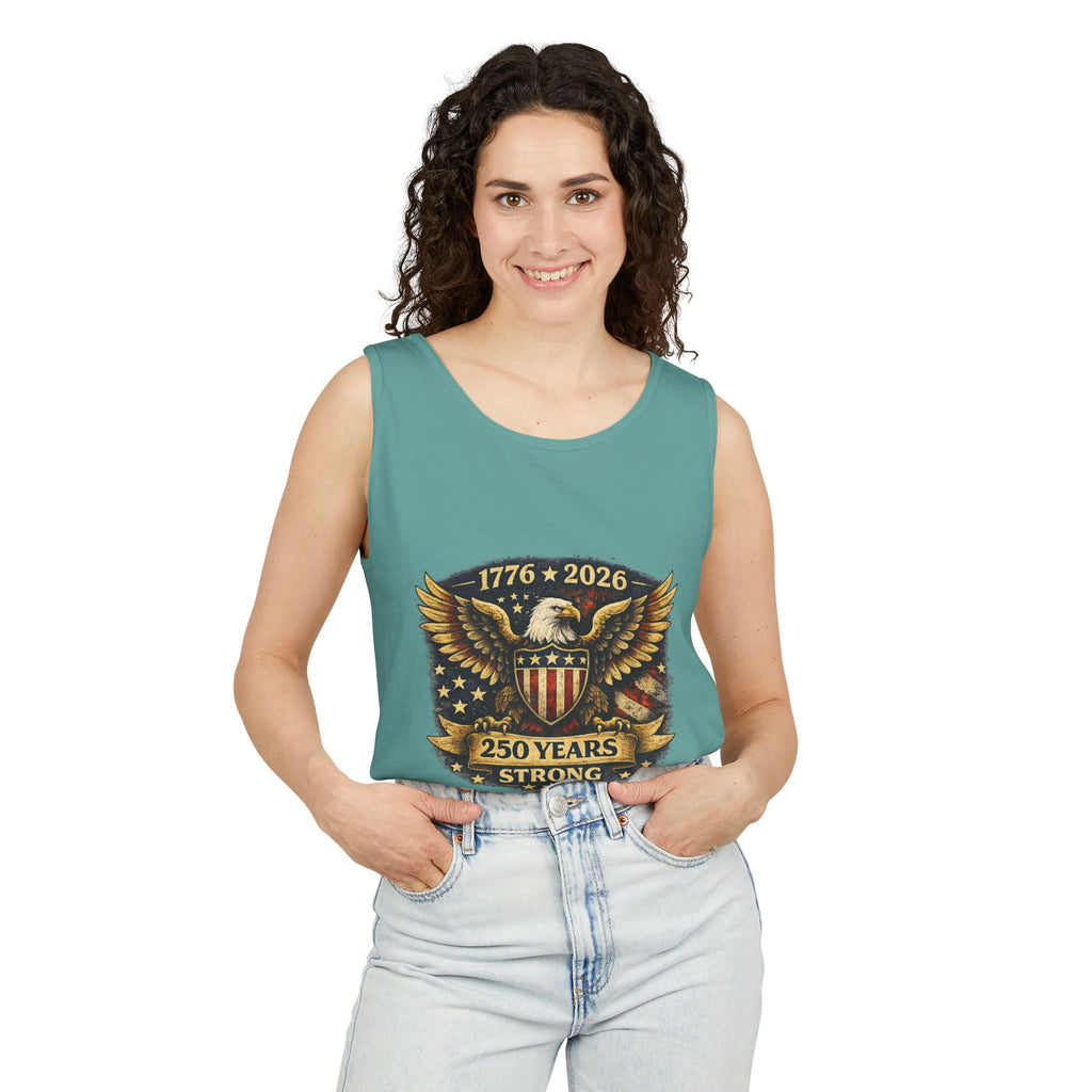 250 Years Strong Eagle Tank Top — 1776–2026 Patriotic American Flag Shield Design