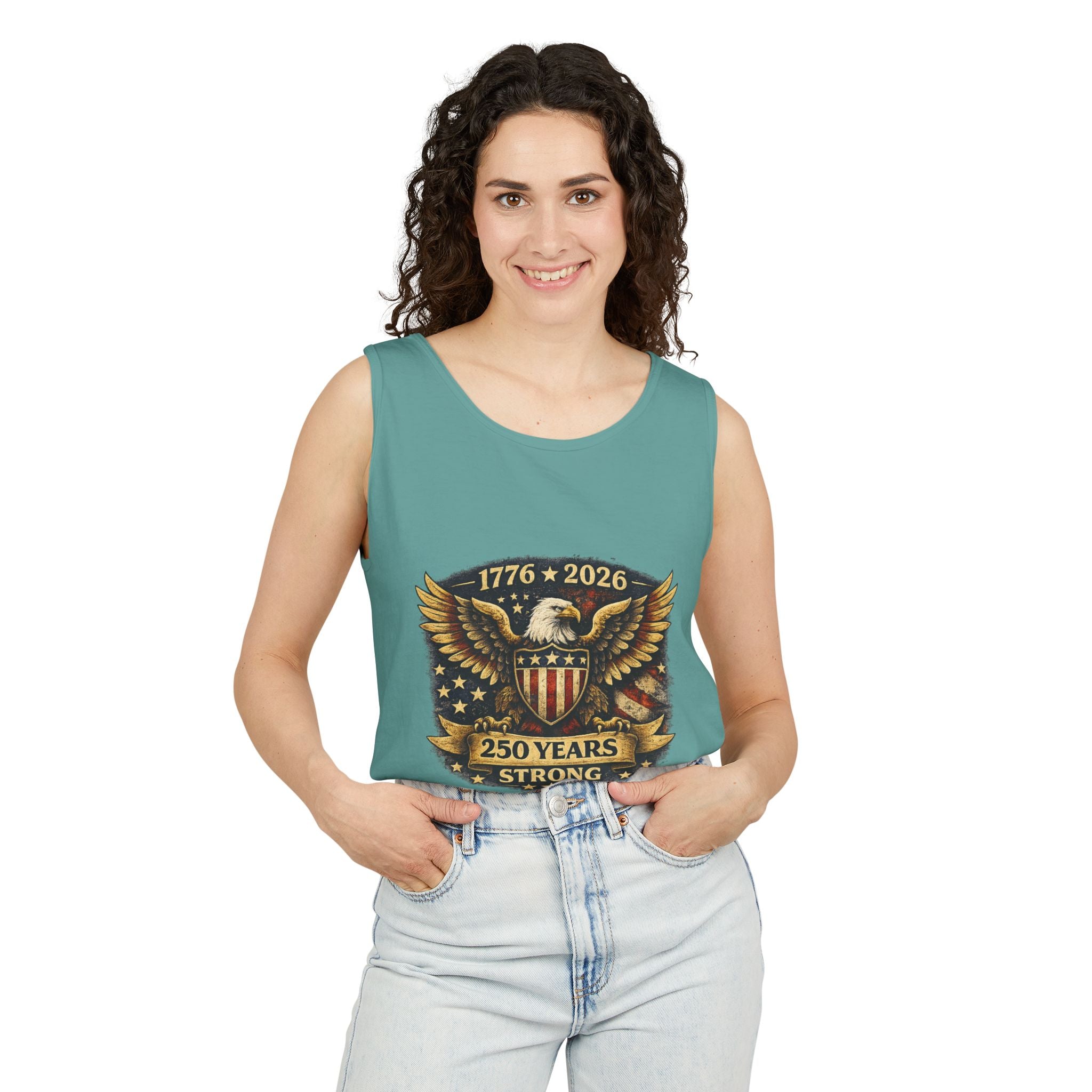 250 Years Strong Eagle Tank Top — 1776–2026 Patriotic American Flag Shield Design