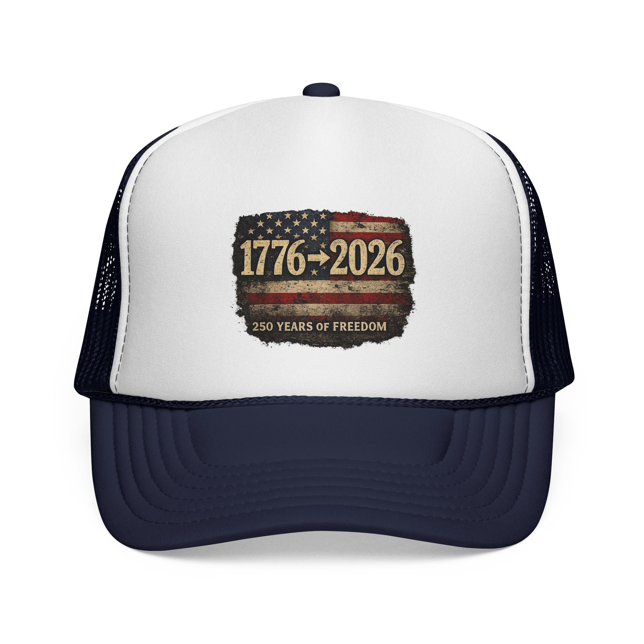 1776-2026 Trucker Cap — 250 Years of Freedom USA Flag Patch Hat