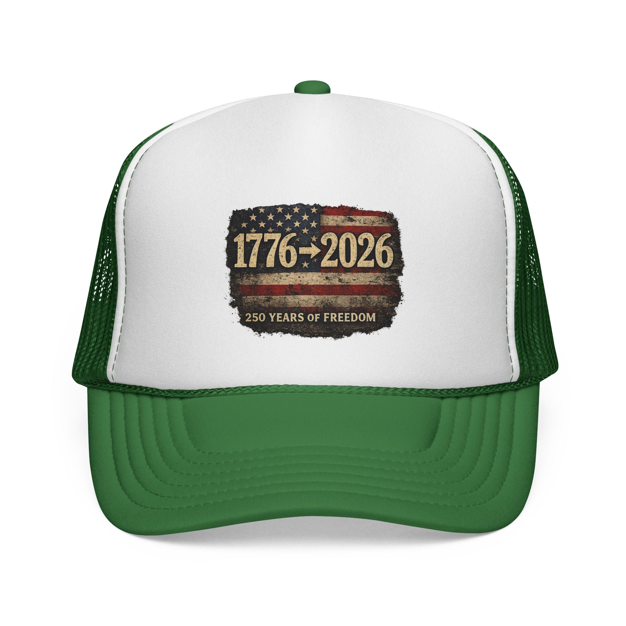 1776-2026 Trucker Cap — 250 Years of Freedom USA Flag Patch Hat