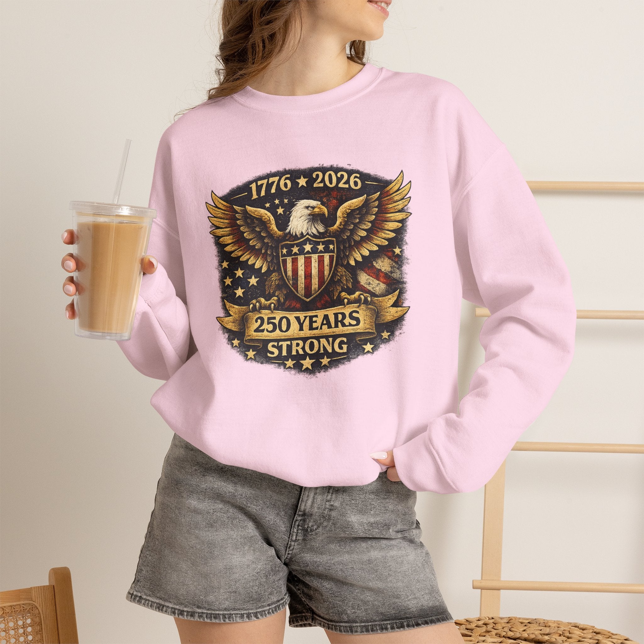1776–2026 250 Years Strong Eagle Shield Patriotic Crewneck Sweatshirt