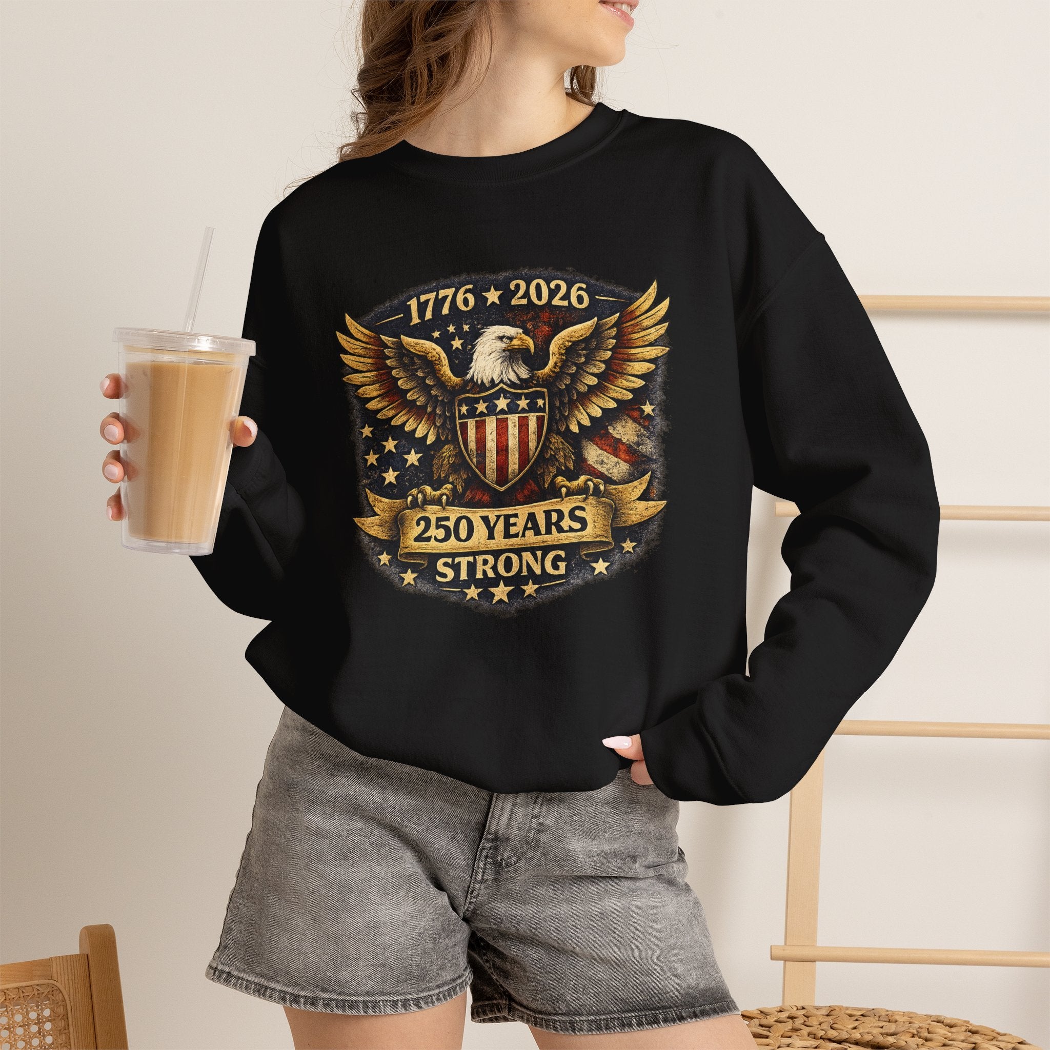 1776–2026 250 Years Strong Eagle Shield Patriotic Crewneck Sweatshirt