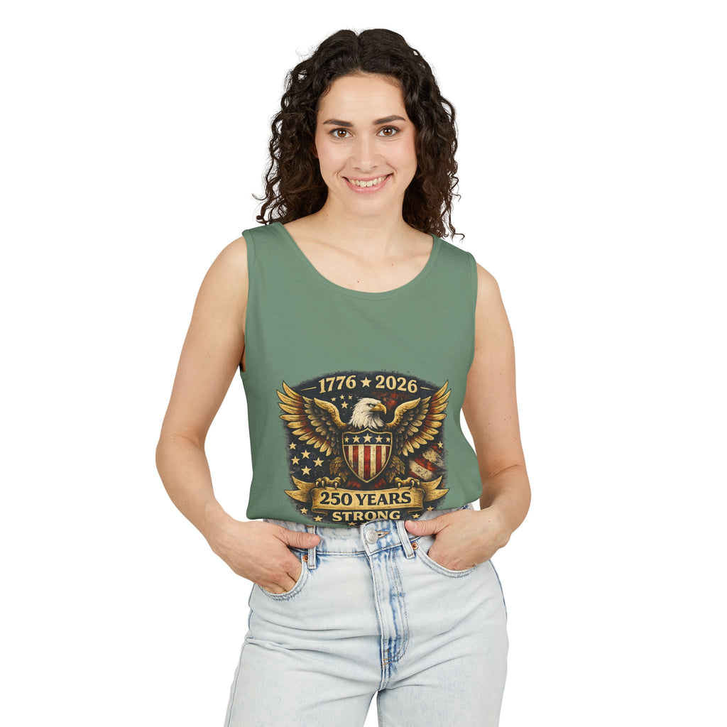 250 Years Strong Eagle Tank Top — 1776–2026 Patriotic American Flag Shield Design