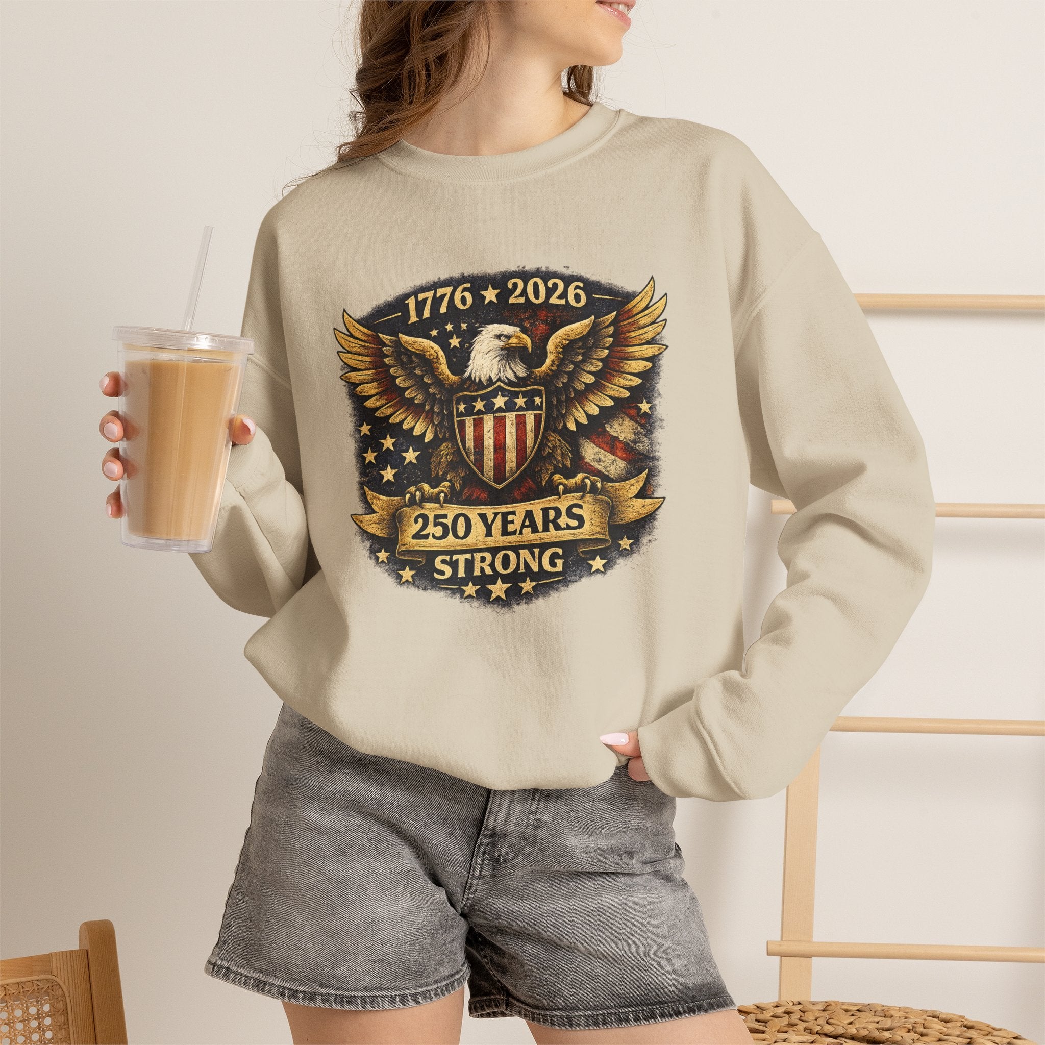 1776–2026 250 Years Strong Eagle Shield Patriotic Crewneck Sweatshirt