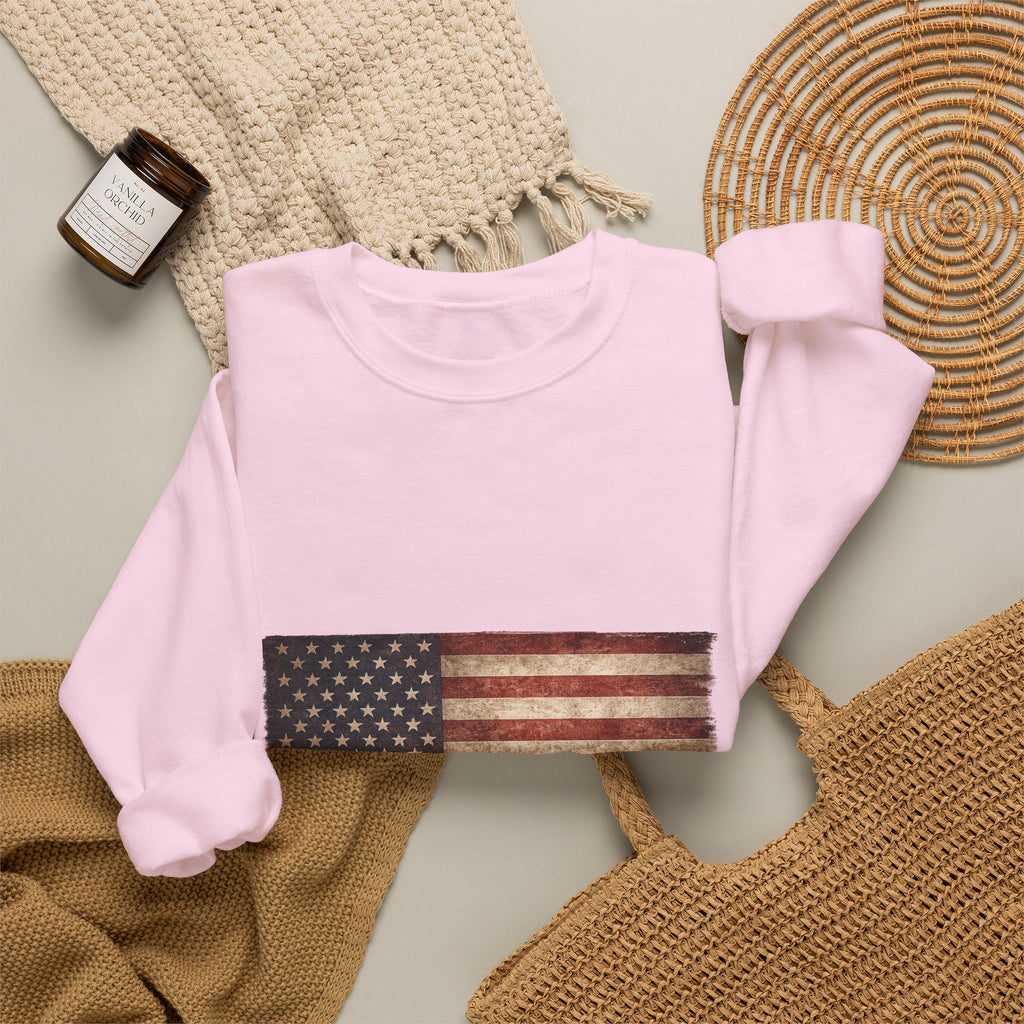Vintage American Flag Sweatshirt — Distressed USA Crewneck for Patriotic Holidays