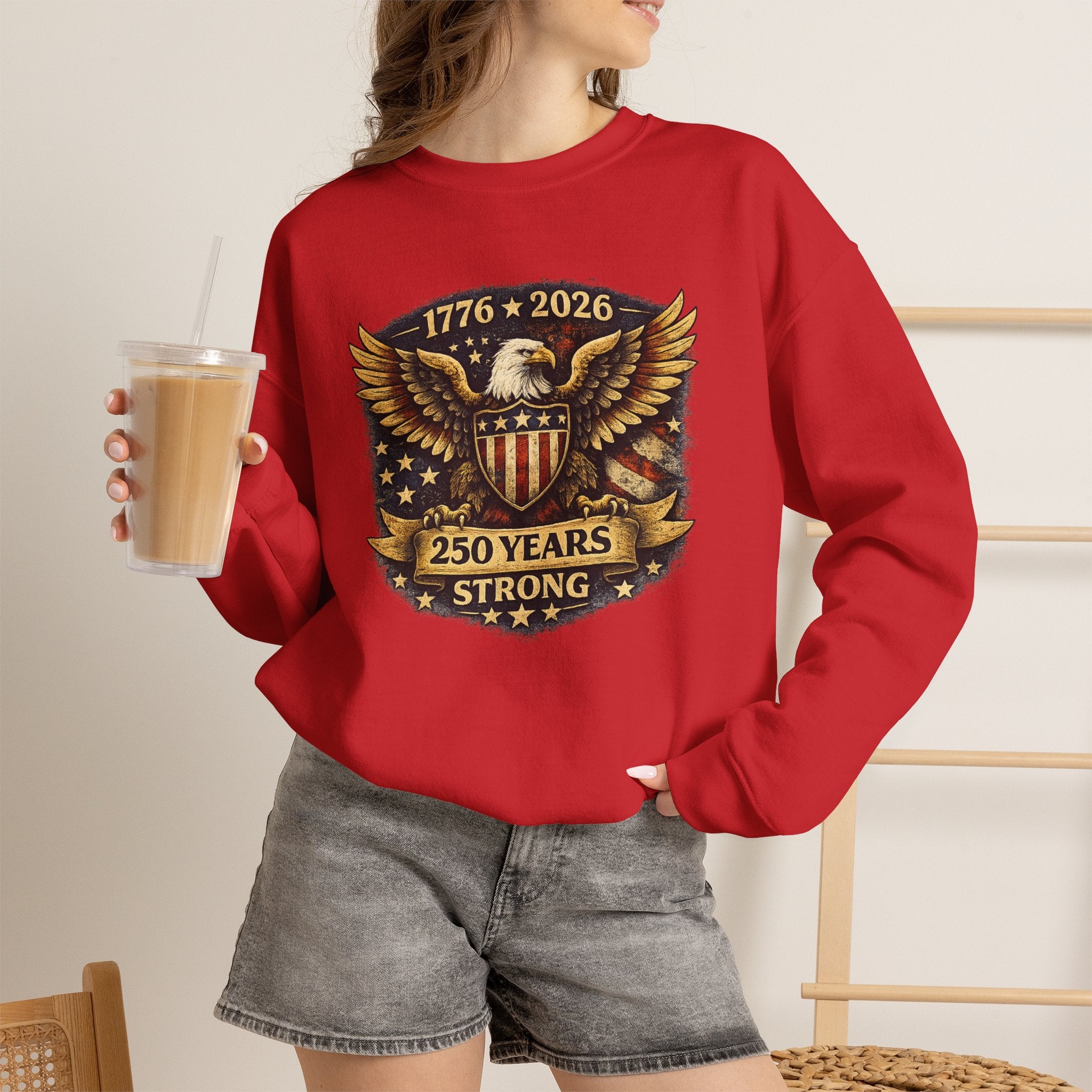 1776–2026 250 Years Strong Eagle Shield Patriotic Crewneck Sweatshirt