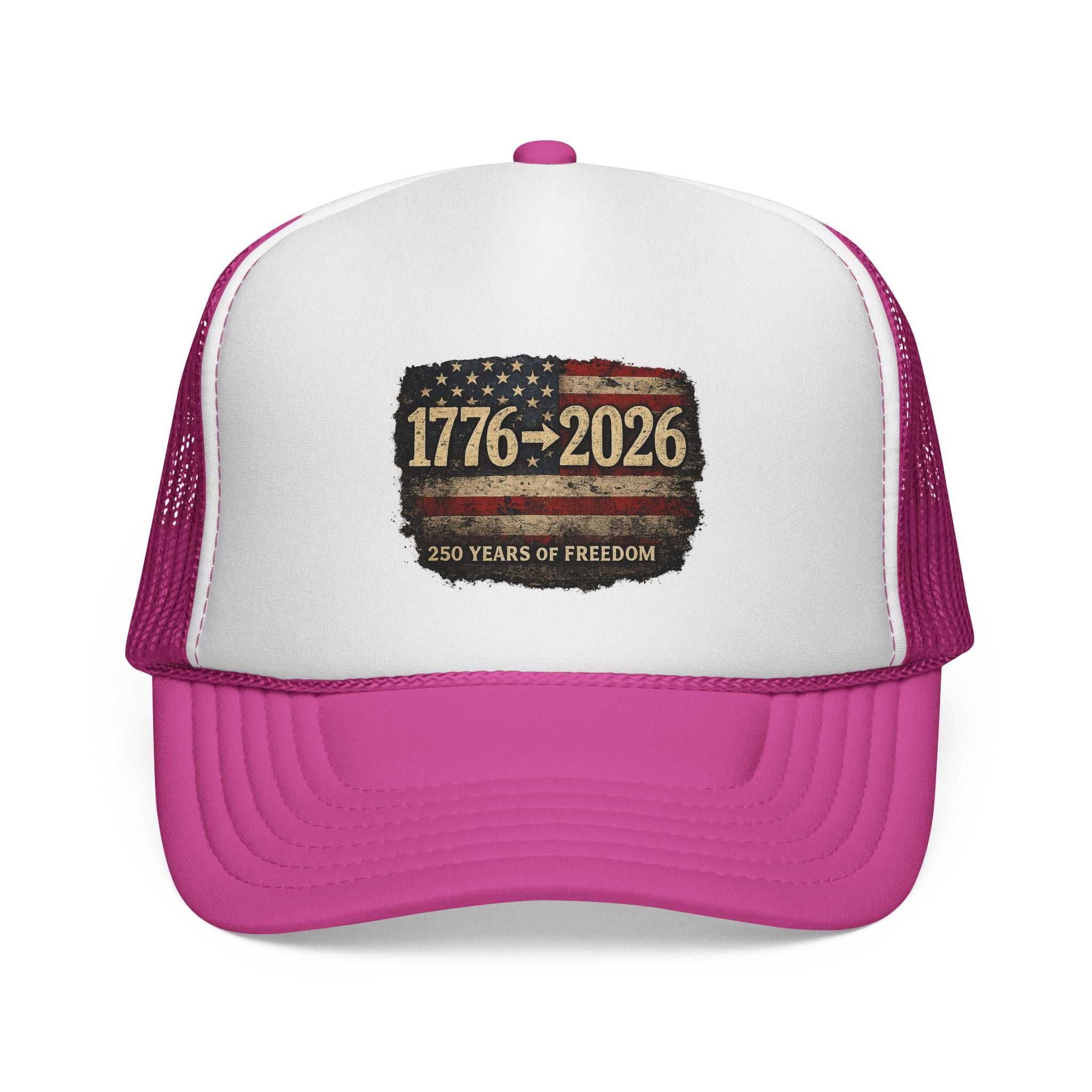 1776-2026 Trucker Cap — 250 Years of Freedom USA Flag Patch Hat