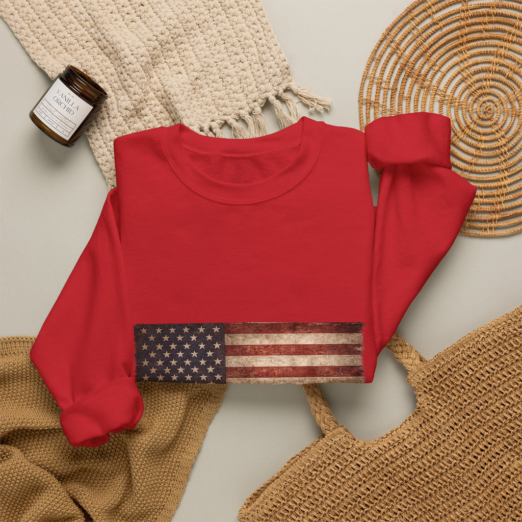 Vintage American Flag Sweatshirt — Distressed USA Crewneck for Patriotic Holidays