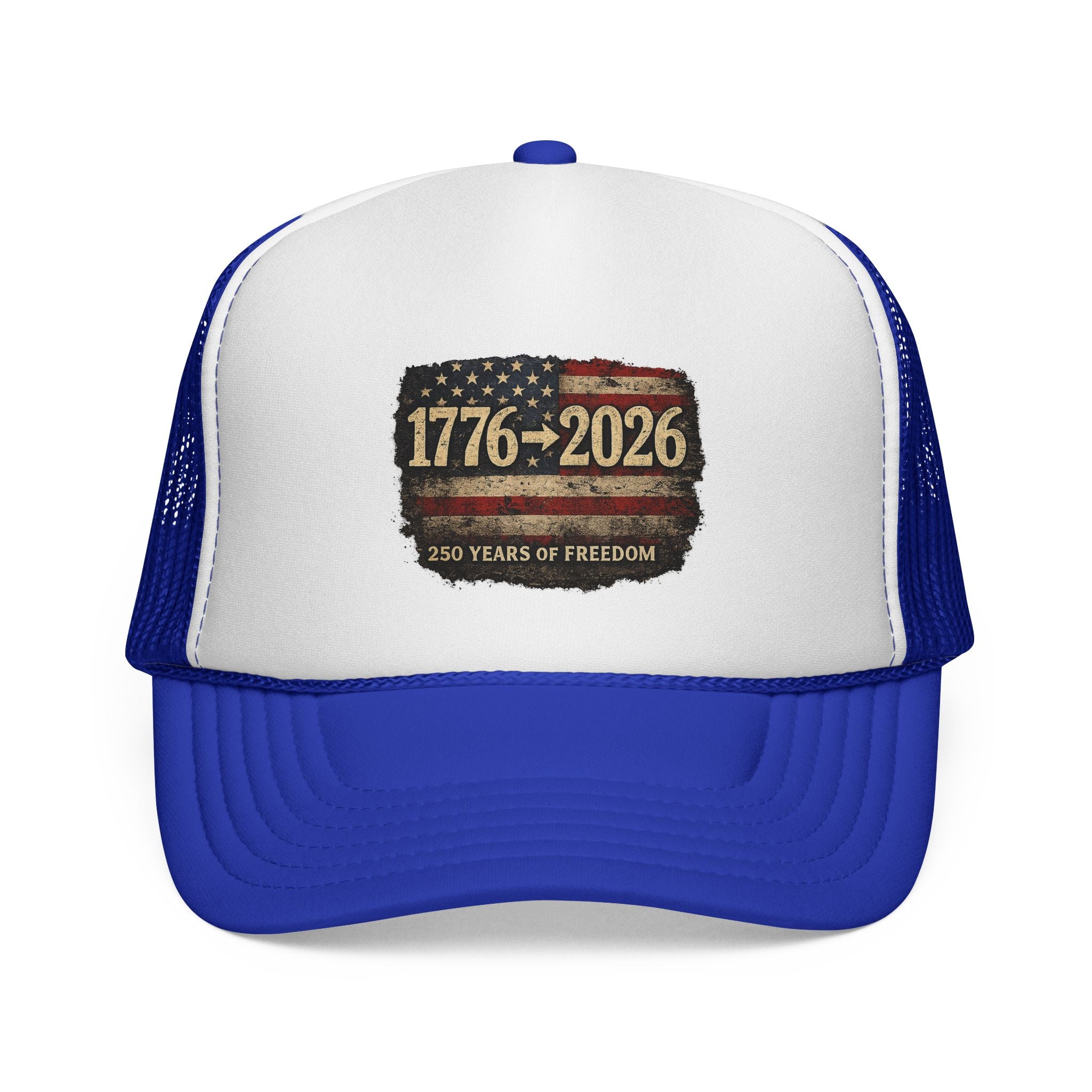 1776-2026 Trucker Cap — 250 Years of Freedom USA Flag Patch Hat
