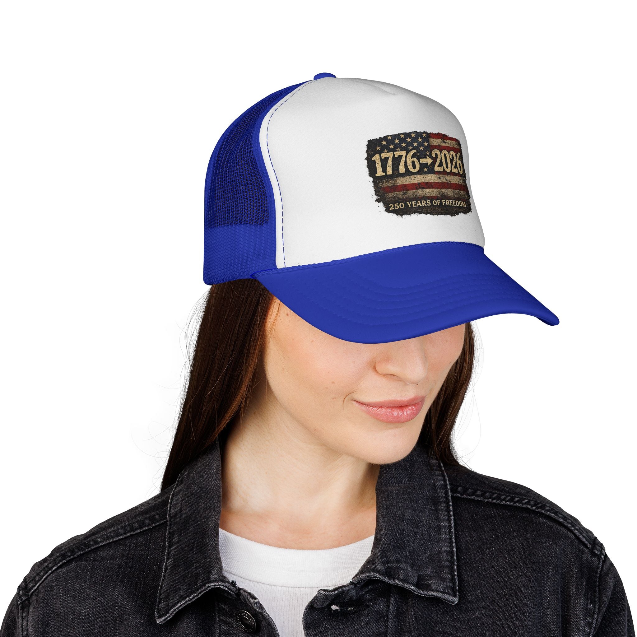 1776-2026 Trucker Cap — 250 Years of Freedom USA Flag Patch Hat