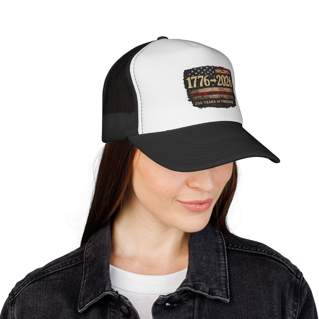 1776-2026 Trucker Cap — 250 Years of Freedom USA Flag Patch Hat