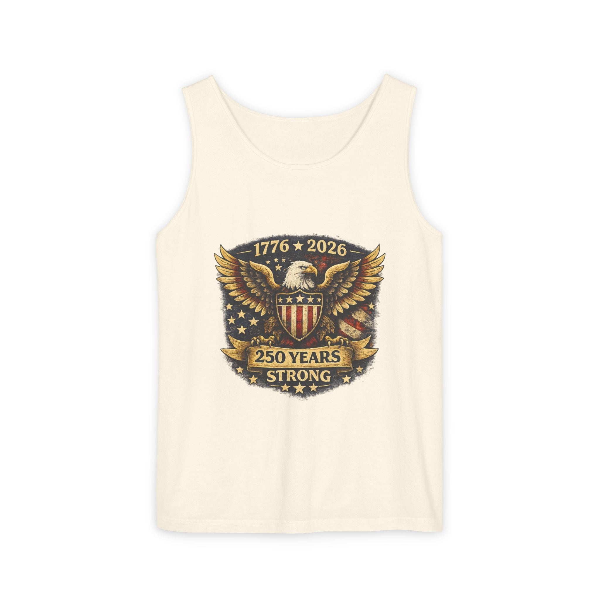250 Years Strong Eagle Tank Top — 1776–2026 Patriotic American Flag Shield Design