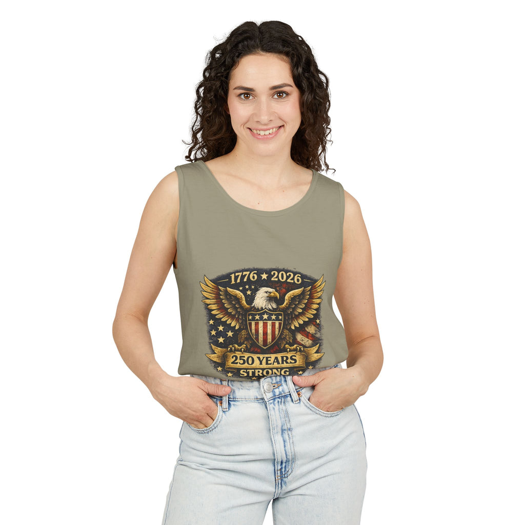 250 Years Strong Eagle Tank Top — 1776–2026 Patriotic American Flag Shield Design