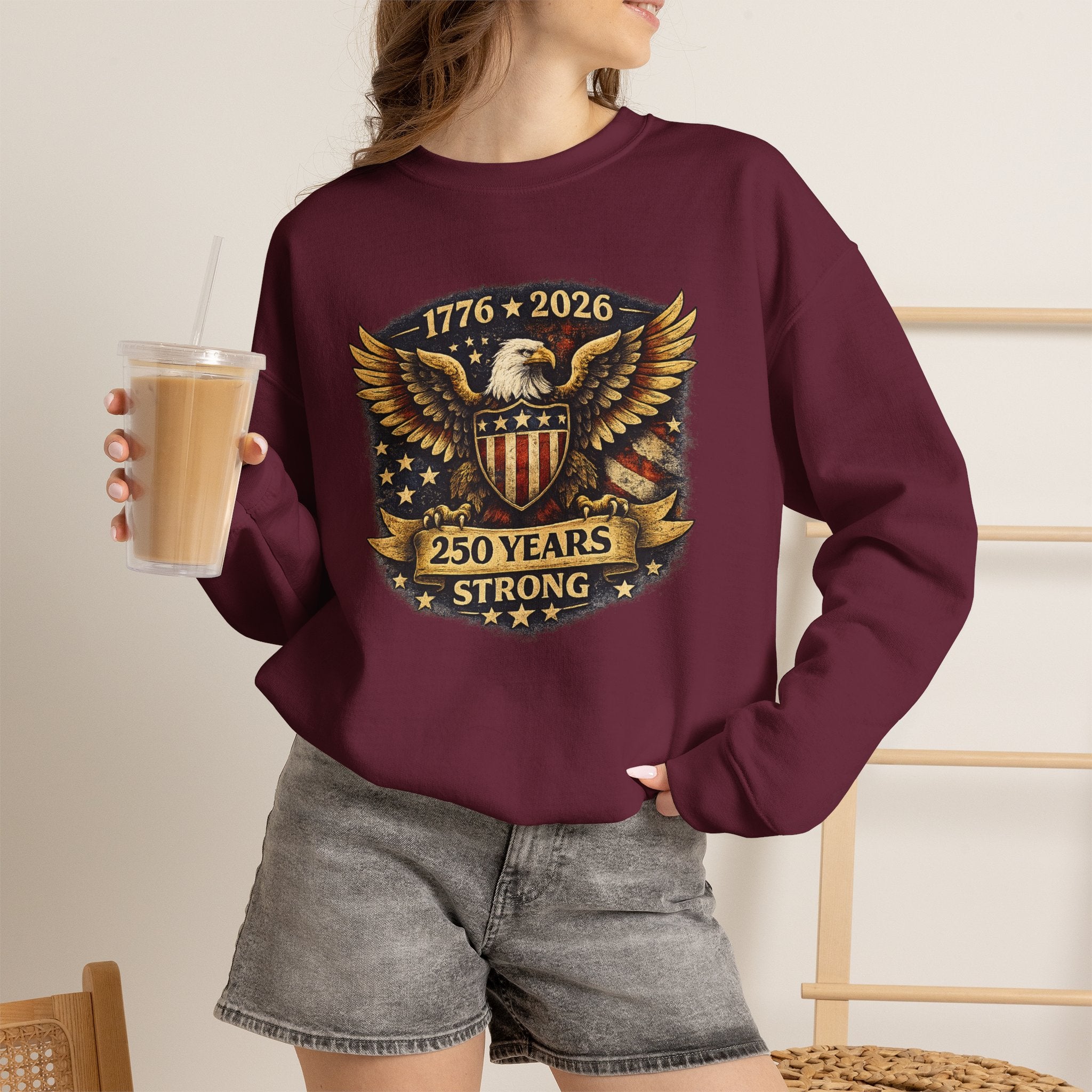 1776–2026 250 Years Strong Eagle Shield Patriotic Crewneck Sweatshirt